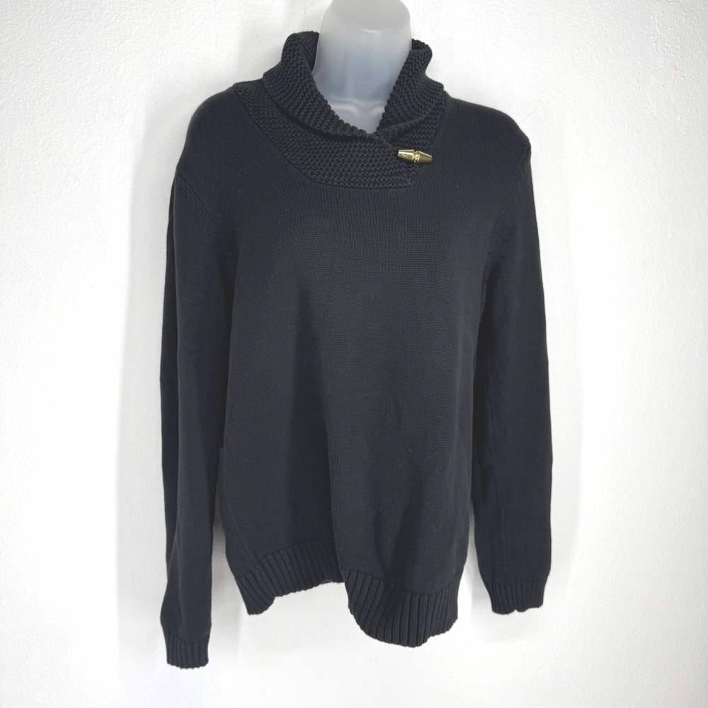 Vintage Women Cotton Shawl Collar Toggle Fisherman Sweater Size L Pullover Black